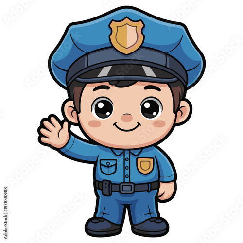 Friendly cartoon police officer waving with a smile on his face cheerfully