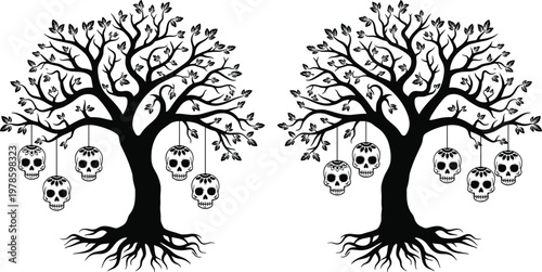 Black and white silhouette of two trees, featuring hanging sugar skulls for a spooky Day of the Dead festive design.