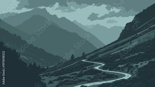 Stylized Digital Illustration of a Winding Mountain Road through a Misty Valley at Twilight