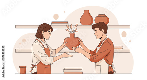 Couple crafting pottery together, creative hobby, romantic art class