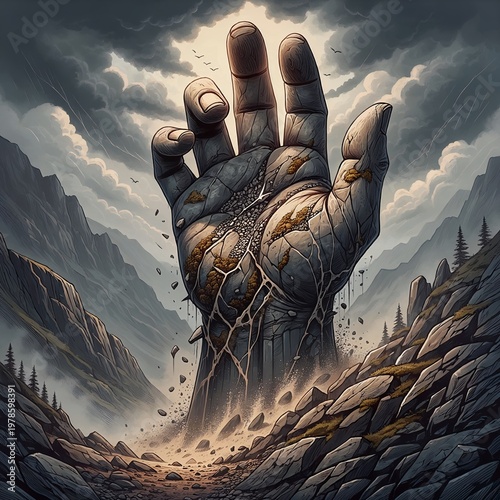 Large Hand Emerging from Rocky Mountain Landscape.