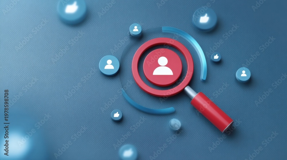 Fototapeta premium Magnifying Glass Featuring User Icons on Soft Blue Background for Digital Analysis and Social Media Insights