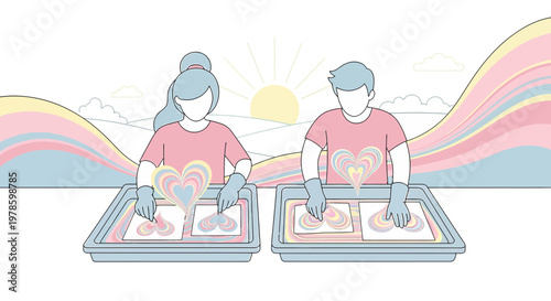 Couple Creating Heart Art Together, Symbolizing Partnership and Creativity