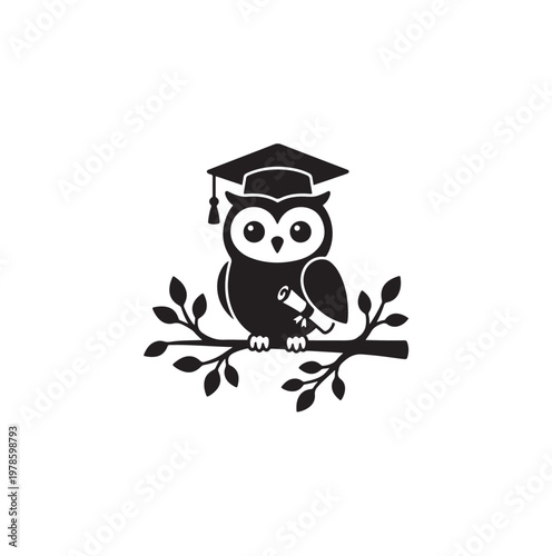 Cute Graduation Owl Sitting on a Branch Holding a Diploma.
