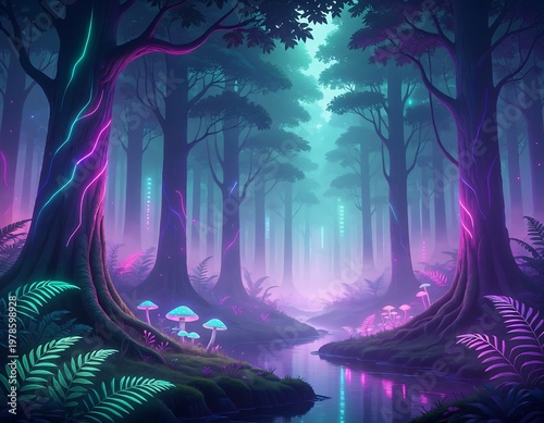 Glowing neon forest with trees stream.