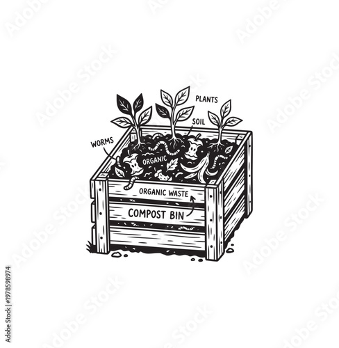 Compost Bin with Growing Plants and Earthworms Illustration.