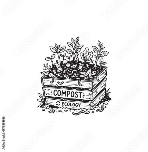 Compost bin with worms and plants illustration.