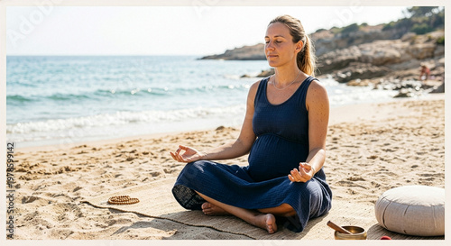 Pregnant woman sitting cross‑legged on a yoga mat, practicing meditation with hands in Gyan mudra. The peaceful setting emphasizes prenatal wellness, mindfulness, relaxation, healthy pregnancy habits.