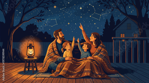 Family Stargazing on a Deck Under a Constellation-Filled Night Sky