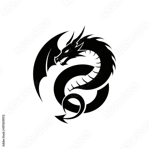 Black Dragon Silhouette, Mythical Creature, Fantasy Art, Tribal Tattoo Design