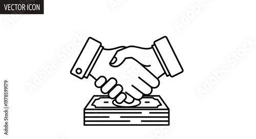 Business handshake over money stack icon, agreement deal concept, vector illustration