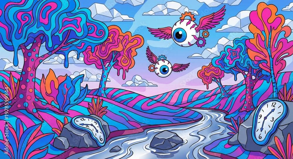 Obraz premium Surreal landscape psychedelic art fantasy river flying eye melting clock dreamy sky colorful tree abstract nature pop art vibrant color Surreal landscape with psychedelic art fantasy river flowing