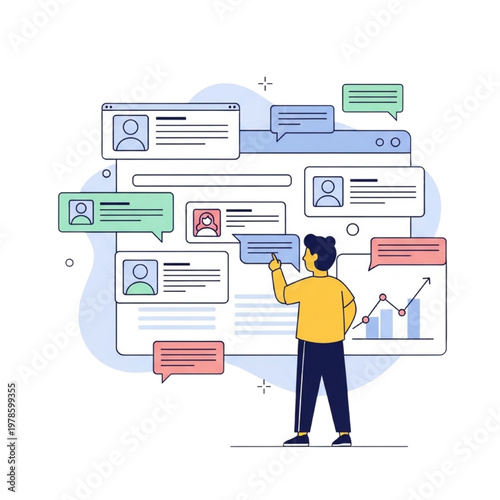 Social Media Manager Analyzing Online Community Comments and User Engagement Customer Feedback on Digital Dashboard Interface with Chat Bubbles Profiles and Business Growth Analytics Chart Flat Vector