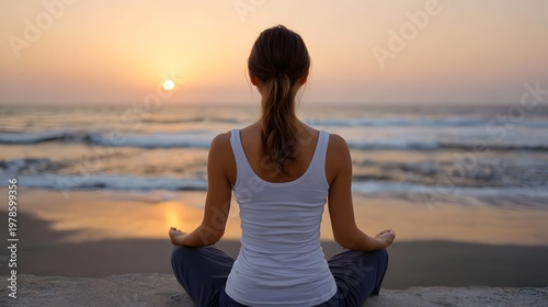 A person meditating on the beach at sunset finding profound peace and tranquility by the vast ocean horizon