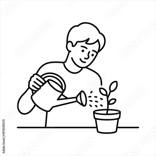 Man tending to a small potted plant, watering with a watering can, line art drawing