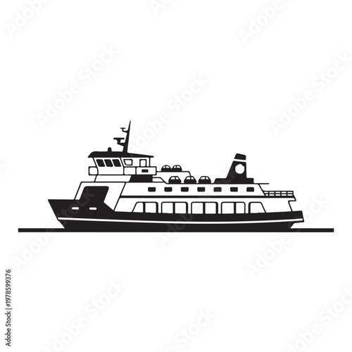 Ferry boat ship silhouette isolated vector illustration cargo transportation vessel watercraft.