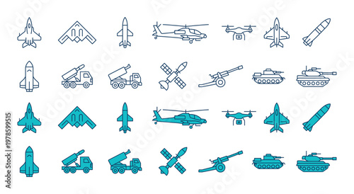 Various weapons, vehicles, and equipment used in warfare