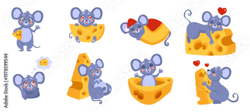 Mouse eating cheese. Rat happy smile. Cute mice mascot. Animals children cartoon. Character with tail for nursery kids. Funny mascot. Little playful mammal. Vector tidy isolated illustration set