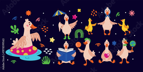 Cute duck. Farm goose. Character animal book. Water mascot. Childrens funny pet bird decorative. Baby livestock rural. Happy poultry. Vector flying tidy fowl cartoon flat style isolated illustration