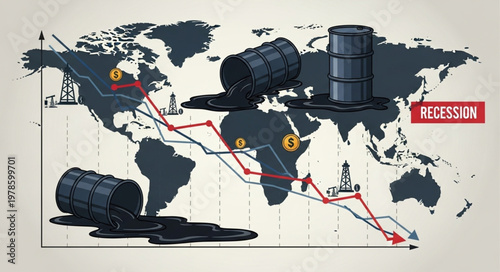 Global economic recession depicted with oil barrels and world map graph.