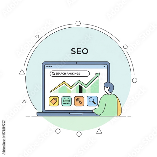 Flat vector SEO search rankings illustration with person wearing backpack viewing laptop showing upward growth arrow chart and four keyword icons inside light blue circle with dotted geometric frame