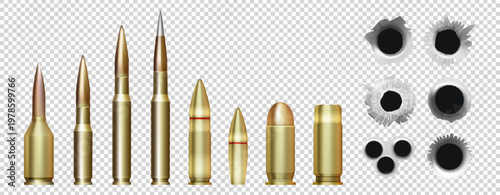 Bullet 3D. Military ammunition. Weapon of steel. Copper caliber of various handguns. Black hole. Realistic danger. Pistol shot. Fire rifle. Sniper firearm. Vector war metallic isolated cartridges set