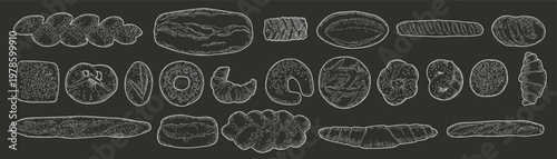 Bakery sketch. Bread hand drawn. Silhouette pastry. Vintage baking. Retro croissant, baguette and croissants. Food drawing doodle. Engraving menu. Vector breakfast isolated assortment elements set