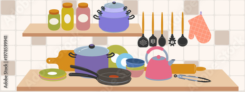 Kitchen crockery. Cooking in pan. Kitchenware saucepan, icon food. Frying cutlery, knives as equipment. Modern utensil dishes, plate and pot. Vector home tool cartoon flat style isolated illustration