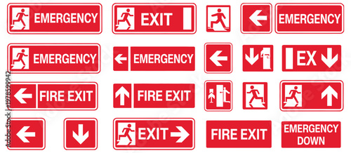 red emergency exit signs with white text, featuring clear directional symbols for safety, evacuation, and building compliance, vector illustration collection for public spaces and workplace design.