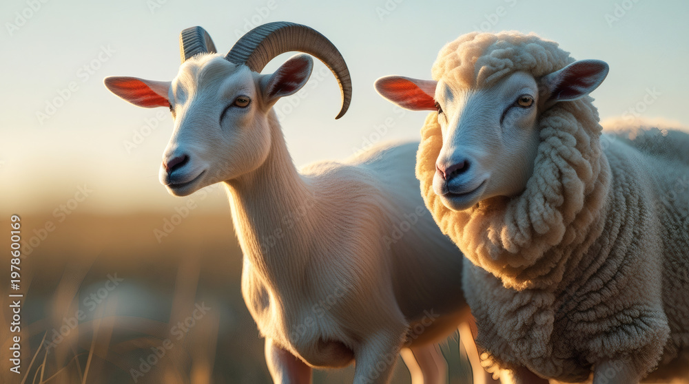 Fototapeta premium Two farm animals, a goat with horns and a fluffy sheep, stand in a sunlit field with soft bokeh background
