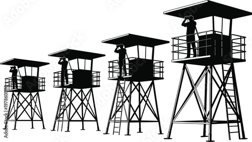 Black and white silhouette vector illustration of four security guard towers, with men looking through binoculars, standing in a row.