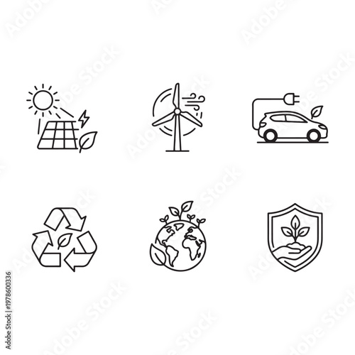 Six minimal line icons for solar, wind, EV, recycle, Earth, and eco protection. Clean black outlines on white, modern mood for ESG, UI, and branding.