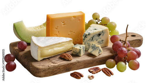 Foto Assortment of cheeses grapes and melon on a wooden board, isolated on transparen