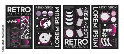 Futuristic geometry poster. Y2K wireframe stars. Template mesh. Modern grid shape. Globe hemisphere. Graphic frame. Figure element for cover. Galaxy planet orbit. Vector garish abstract flyers set