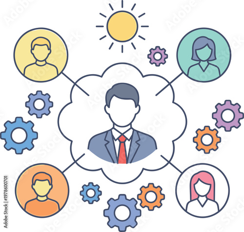 Business leadership concept with team collaboration network showing manager connected to employees and gears representing workflow and coordination