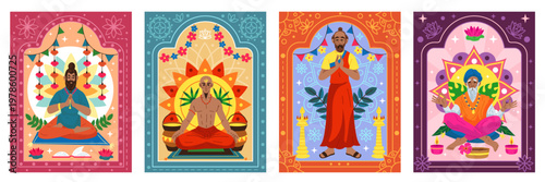 Guru Purnima. Sage in meditation pose. Traditional holiday of India. Hindu festival of wisdom. Religious tradition. Zen awareness. Inner peace. Indian spiritual teacher meditate. Vector tidy cards set