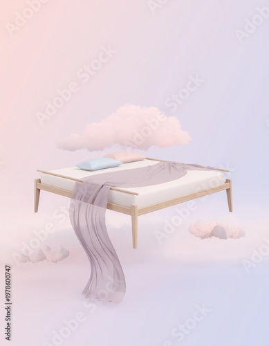 Dreamy floating bed with flowing fabric.