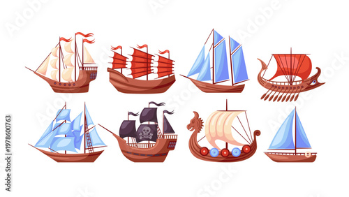 Wooden sailboat. Frigate on water. Travel old sail ship, vintage ancient sea transport. Pirate sailing schooner vessel. Retro ocean cruise. Nautical history sea. Vector cartoon flat style isolated set
