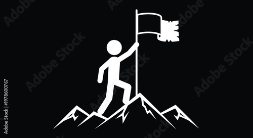 A silhouetted figure triumphantly raises a flag atop a jagged mountainous peak