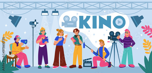 Cinema production studio. Crew TV, movie director, camera team. Professional video recording with actors. Film backstage. Character videographer. Vector tidy cartoon flat style isolated illustration