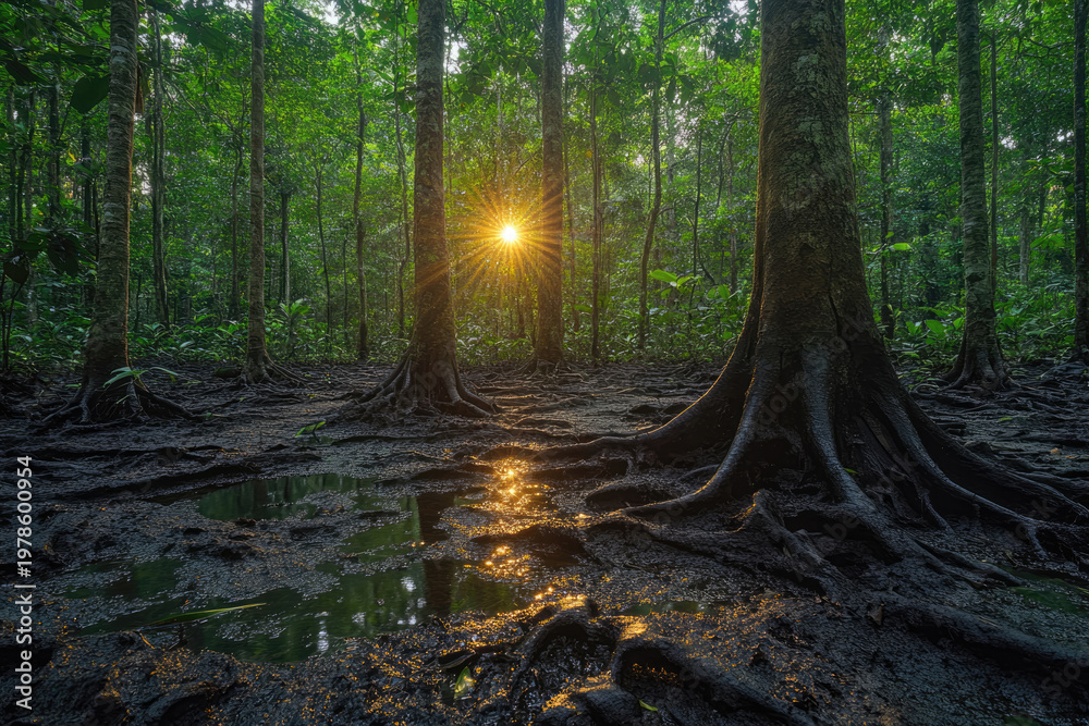 Obraz premium Tree Trunks and Vines in a Dense Tropical Rainforest