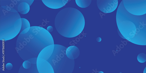 Modern blue spheres float softly against a deep blue backdrop, smooth circles suggest movement, harmony, or fluidity, clean minimal composition, background illustration