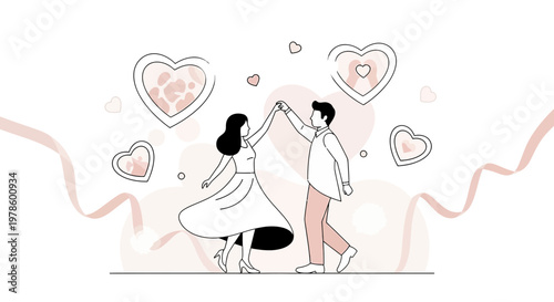 Couple Dancing in Hearts, Romantic Love Illustration, Valentine's Day Celebration