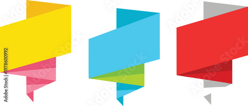 Set of Colorful Origami Paper Banners and Folded Ribbon Speech Bubbles for Creative Text Labels, Marketing Promotional Ads, and Modern Web Design Elements