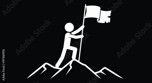 A minimalist depiction of a stick figure triumphantly raising a white flag atop a rocky peak