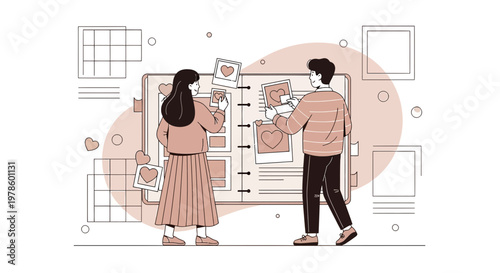 Couple Creating Memories Photo Album Anniversary Romantic Heart Illustration