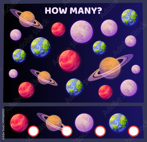 How many planets. Preschool kids worksheet. Workbook test. Math counting. Sorting galaxy quiz. Children game. Cartoon space orbits. Search identical Earth and Mars. Vector educational puzzle design