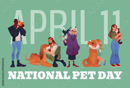 National pet day. Happy people hugging dogs. Embraces with cats. Aprils holiday. Man and woman together with domestic animal. Doggy companion. Puppy and kitten owner. Vector spring celebration banner