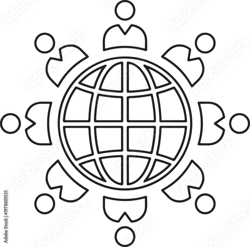 Global connection symbolized by people and a world globe simple silhouette high quality