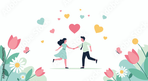 Couple Dancing in Field of Flowers with Hearts and Butterflies